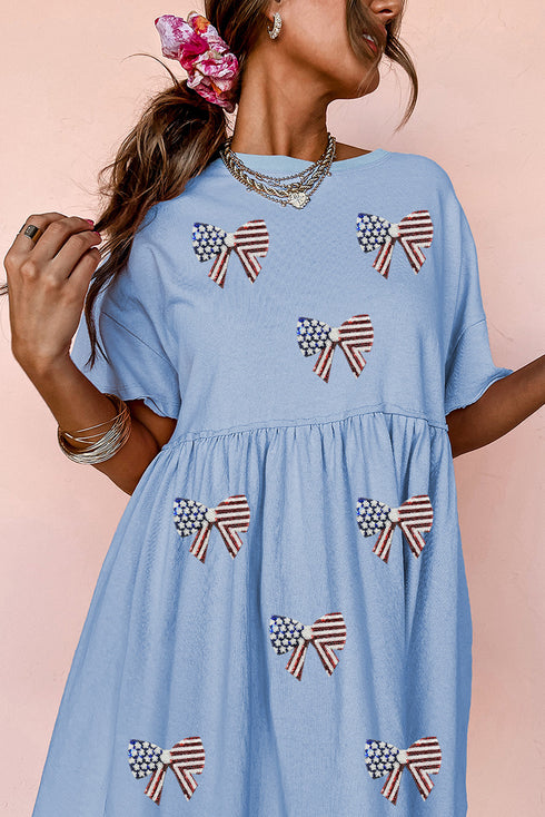 Patriotic Sequin Flag Bow Applique Babydoll T Shirt Dress With Pockets